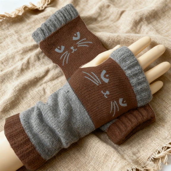 Women’s Kawaii Cartoon Embroidery Fingerless Gloves - Faux Fur Accent Touchscreen Winter Gloves