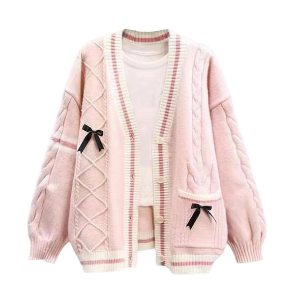 Women's Kawaii JK School Uniform Cardigans Long Sleeve Button Up Cardigan with Pinned Bowknot
