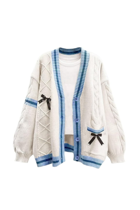 Women's Kawaii JK School Uniform Cardigans Long Sleeve Button Up Cardigan with Pinned Bowknot