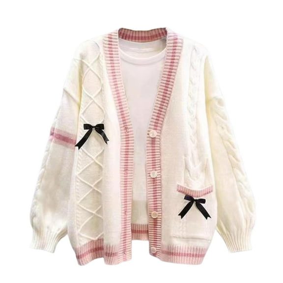 Women's Kawaii JK School Uniform Cardigans Long Sleeve Button Up Cardigan with Pinned Bowknot