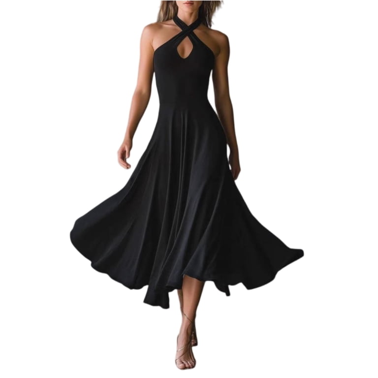 asymmetrical keyhole maxi dress QCMGMG Women's Halter Neck Flowy The Golden Bachelorette: When Cowl Neck Wedding Dress L Black Pleated Side Color:BLACK MULTI