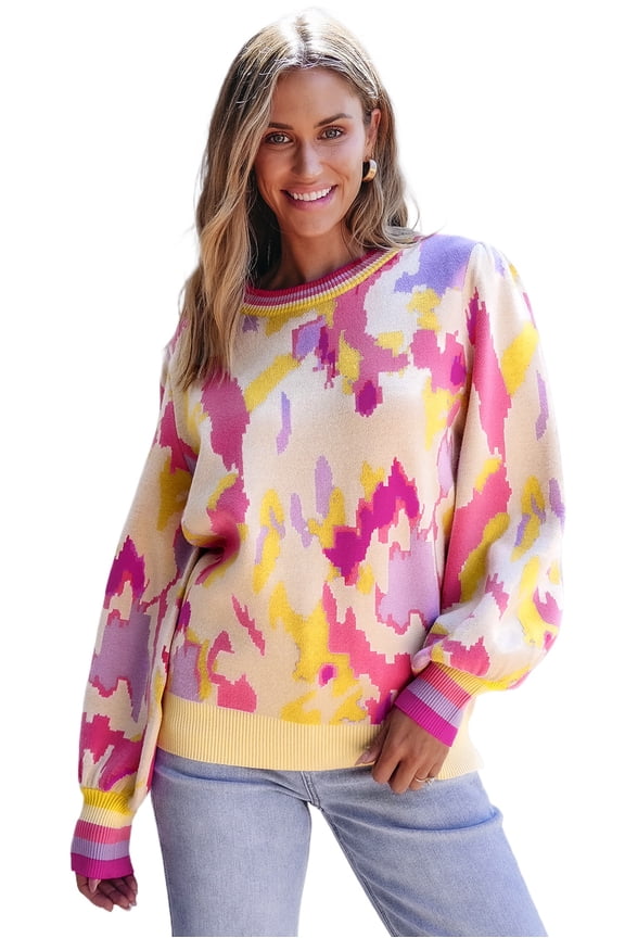 Women's Khaki Abstract Print Balloon Sleeve Sweater - [ZhiHiMeRi] | (US 16-18)XL