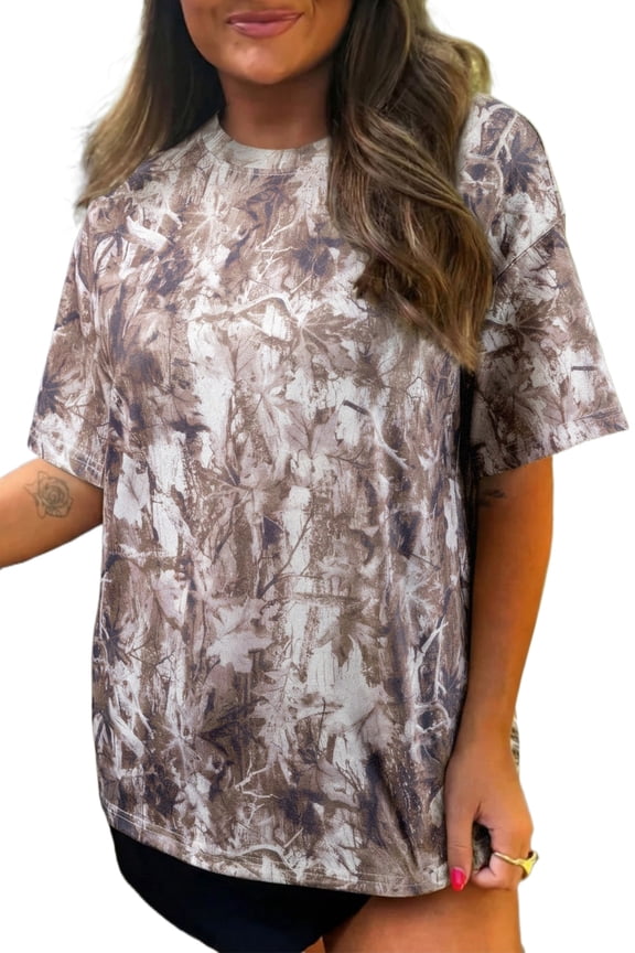 Women's Khaki Camouflage Tunic Tee – Drop Shoulder, Relaxed Fit for Casual Daily Wear, XL