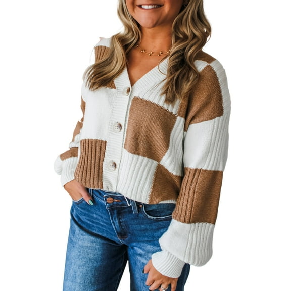 Women's Khaki Checkered Pattern Ribbed Detail V Neck Button Cardigan Sweater | [ZhiHiMeRi] | (US 16-18)XL