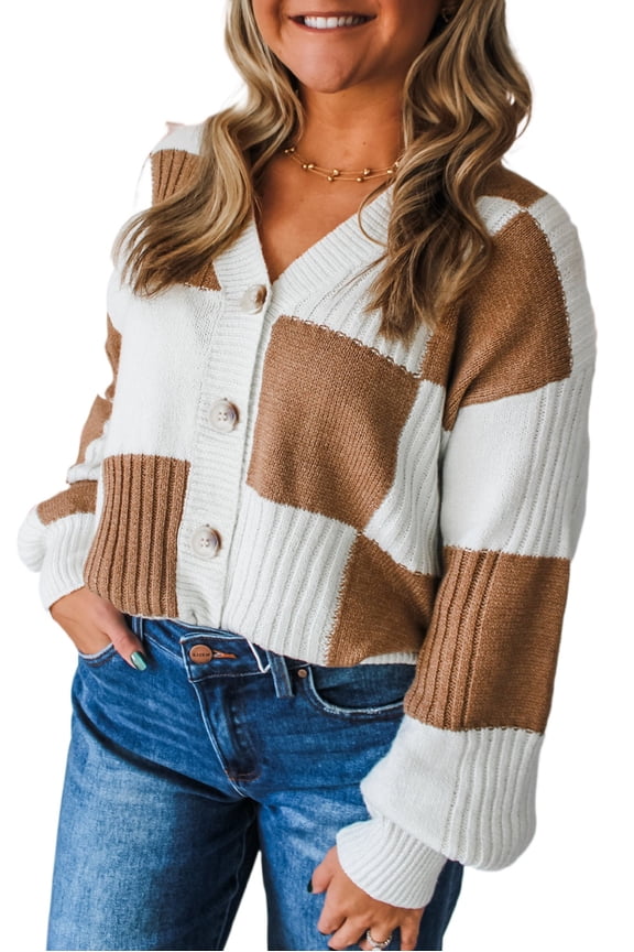 Women's Khaki Checkered Pattern Ribbed Detail V Neck Button Cardigan Sweater | [ZhiHiMeRi] | (US 16-18)XL