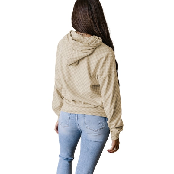 Women's Khaki Checkered Print Kangaroo Pocket Drawstring Hoodie - [ZhiHiMeRi] | (US 16-18)XL