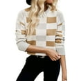 thumbnail image 1 of Women's Khaki Checkered Ribbed Edge O Neck Drop Shoulder Sweater - [ZhiHiMeRi] | (US 12-14)L, 1 of 6