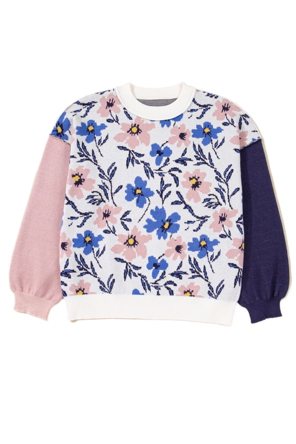 Women's Khaki Floral Patchwork Sweater – Casual Long Sleeve Round Neck for Daily Wear | XL