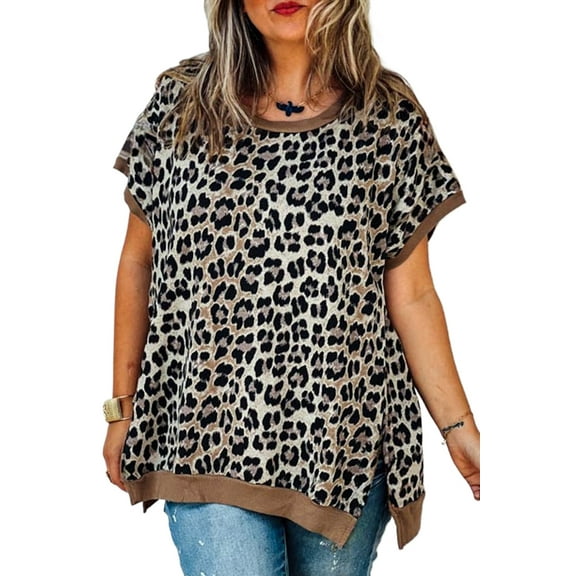 Women's Khaki Leopard Contrast Trim Short Sleeve Loose Plus Size Top - [ZhiHiMeRi] | (US 26W-28W)4X