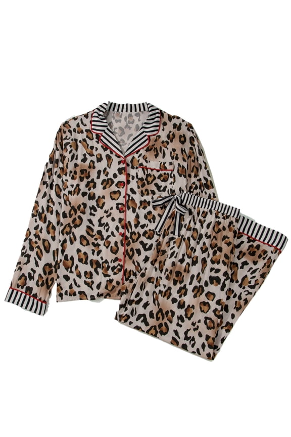 Women's Khaki Leopard Print Long Pajama Set – Cozy Home Lounge Wear for Fall, 1X