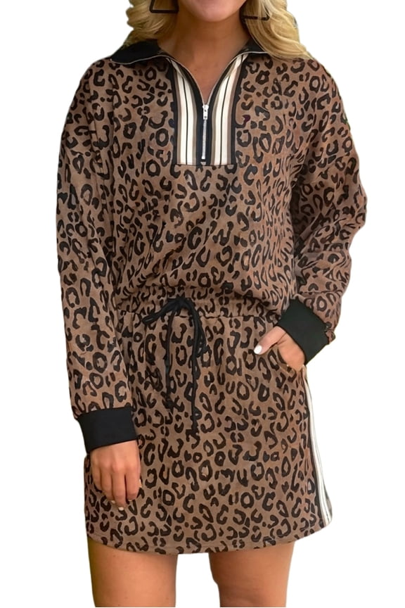 Women's Khaki Leopard Print Quarter Zip Top & Mini Skirt Set – Casual Fall Ensemble, S