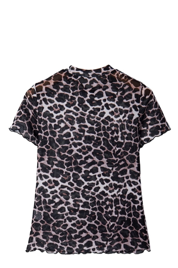 Women's Khaki Leopard Print Sheer Mesh Top – Short Sleeve Round Neck Casual Blouse for Night Out, S