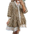 thumbnail image 1 of Women's Khaki Leopard Print V-Neck Long Sleeve Mini Dress for Daily Wear | 4X, 1 of 12