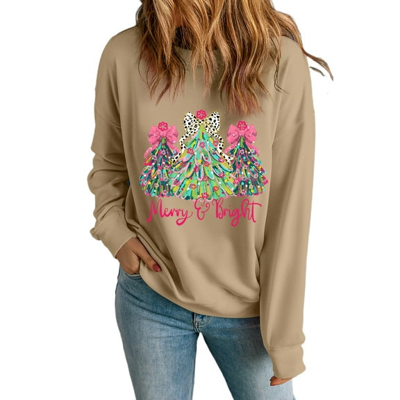 Women's Khaki Merry & Bright Christmas Tree Print Pullover Sweatshirt - [ZhiHiMeRi] | (US 20-22)2XL