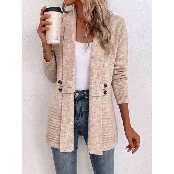 Women's Khaki Open Front Shawl Collar Knit Cardigan Sweater, Long Sleeve Mid-Length, Decorative Double-Breasted Buttons, Autumn/Winter Outerwear Fall