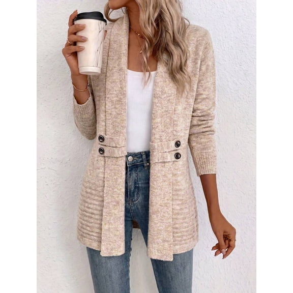 Women's Khaki Open Front Shawl Collar Knit Cardigan Sweater, Long Sleeve Mid-Length, Decorative Double-Breasted Buttons, Autumn/Winter Outerwear Fall