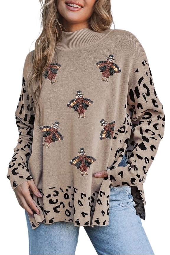 Women's Khaki Sequin Turkey Leopard Mixed Pattern High Neck Sweater with Slits - [ZhiHiMeRi] | (US 4-6)S