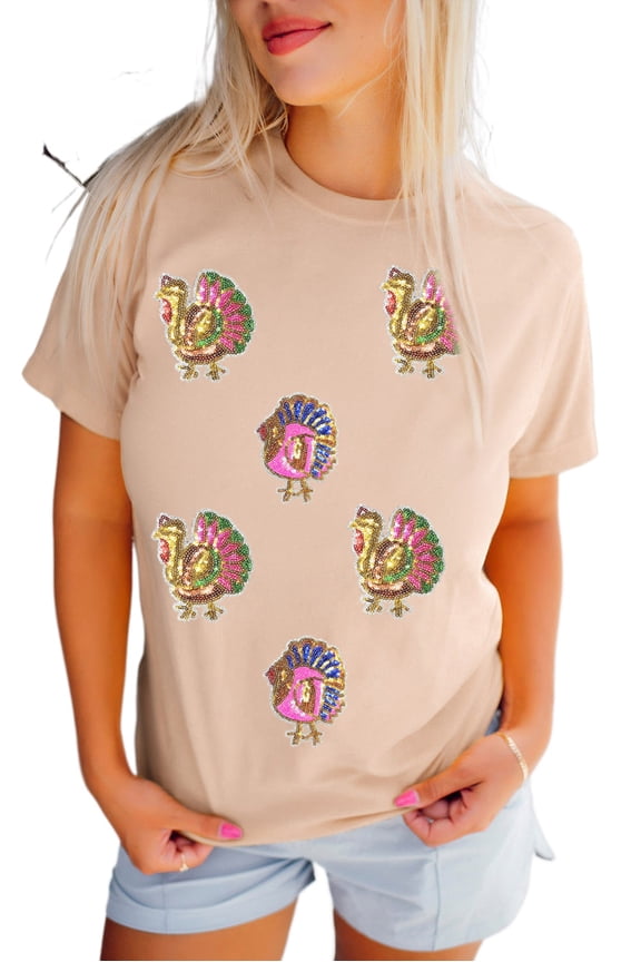 Women's Khaki Sequin Turkey Patched Graphic Tee – Casual Thanksgiving Outfit for Fall | 2XL