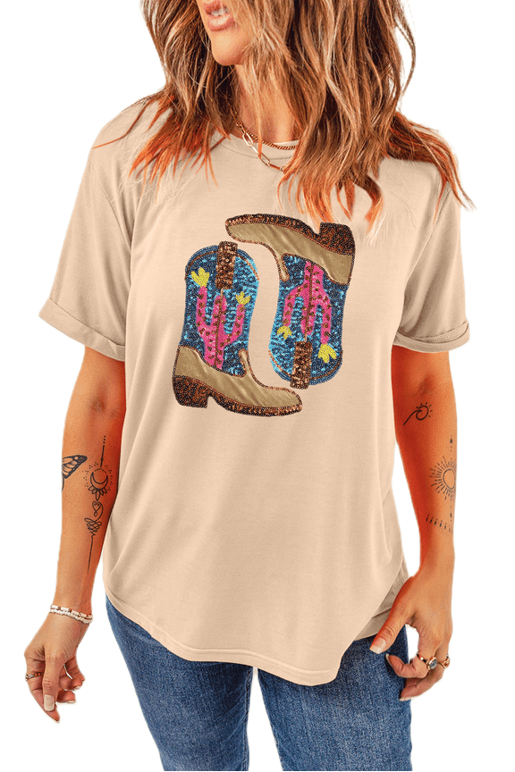 Women's Khaki Sequined Western Boots Graphic Tee - Crew Neck, Short Sleeve