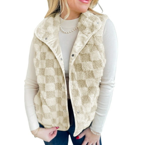 Women's Khaki Sherpa Checkerboard Snap Button Vest Jacket with Pocket | [ZhiHiMeRi] | L