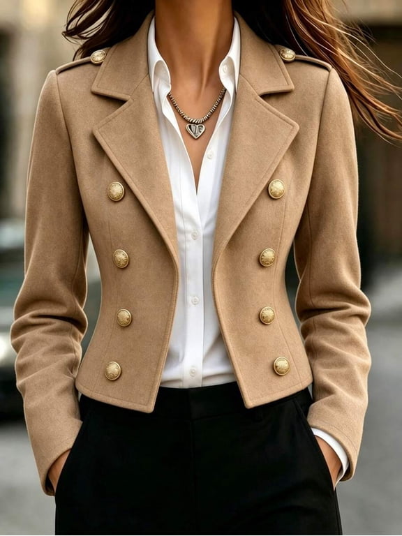 Women's Khaki Short Wool Blazer Jacket, Lapel Collar Long Sleeve Metal Button Shoulder Epaulette French Country Napoleon Style Coat for Autumn Winter