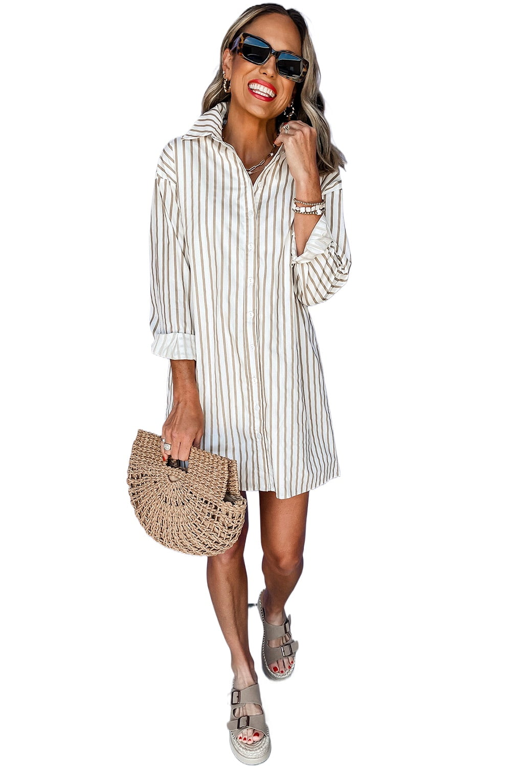 blue dress for baby girl Striped Mock Neck Long Sleeve Mini Dress Tan / M