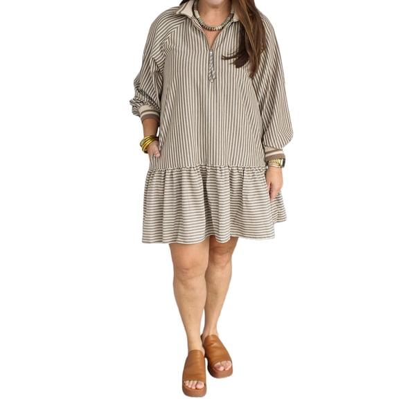 Women's Khaki Stripe Puff Sleeve Mini Dress – Casual Daily Wear for Spring, 4X