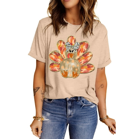Women's Khaki Thanksgiving Bowknot Turkey Graphic Crewneck Tee | [ZhiHiMeRi] | (US 20-22)2XL
