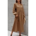 thumbnail image 1 of Women's Khaki V-Neck Cotton-Linen Midi Dress, Long Sleeve Empire Waist Loose Swing Casual Dress, 1 of 1