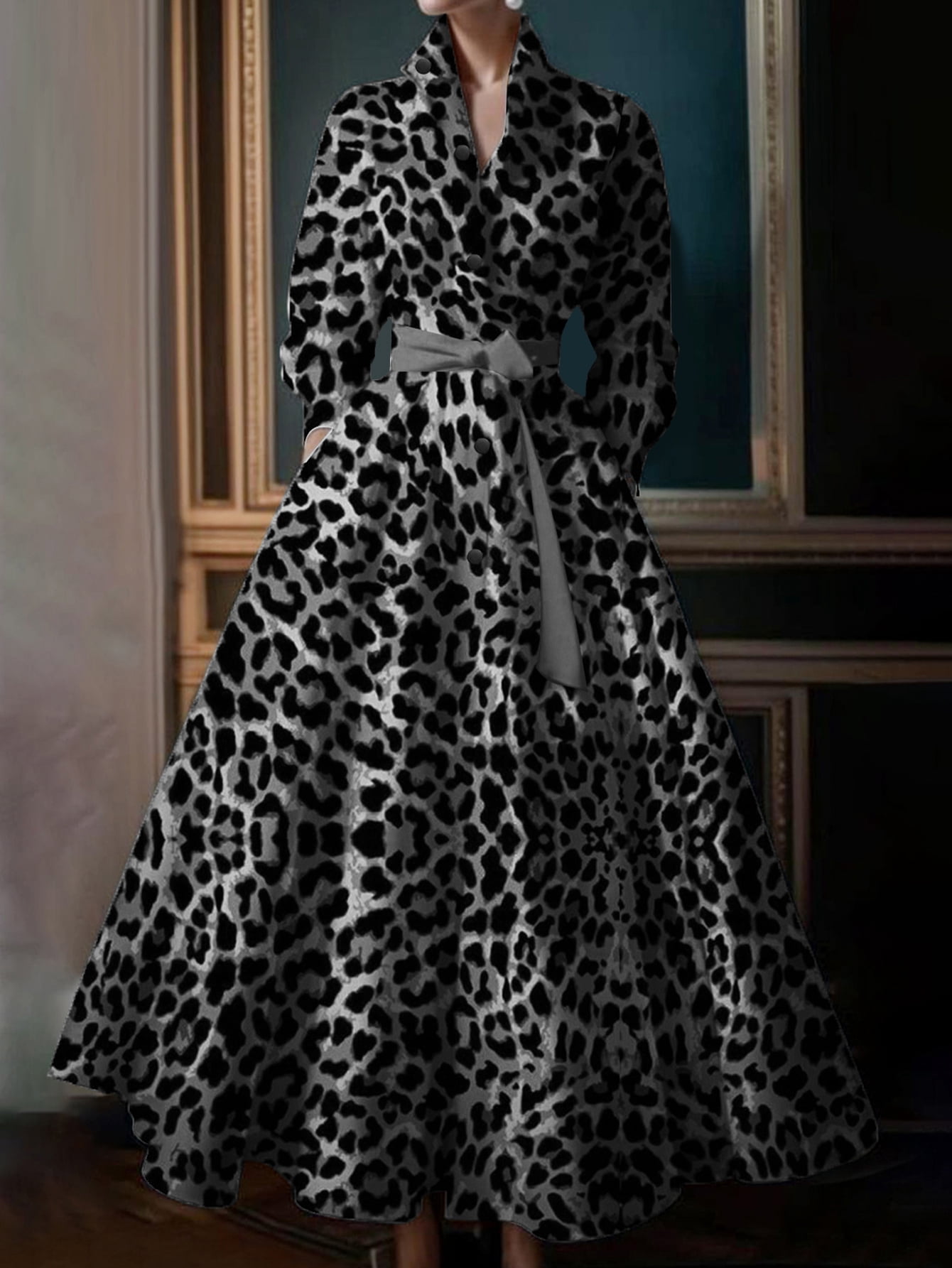grey leopard print maxi dress Zanvylia Womens Khaki and Grey Leopard Print Stand Collar Maxi Dress Long Sleeve A Line Dress with Hidden Side Pockets, Women's, Size: Small