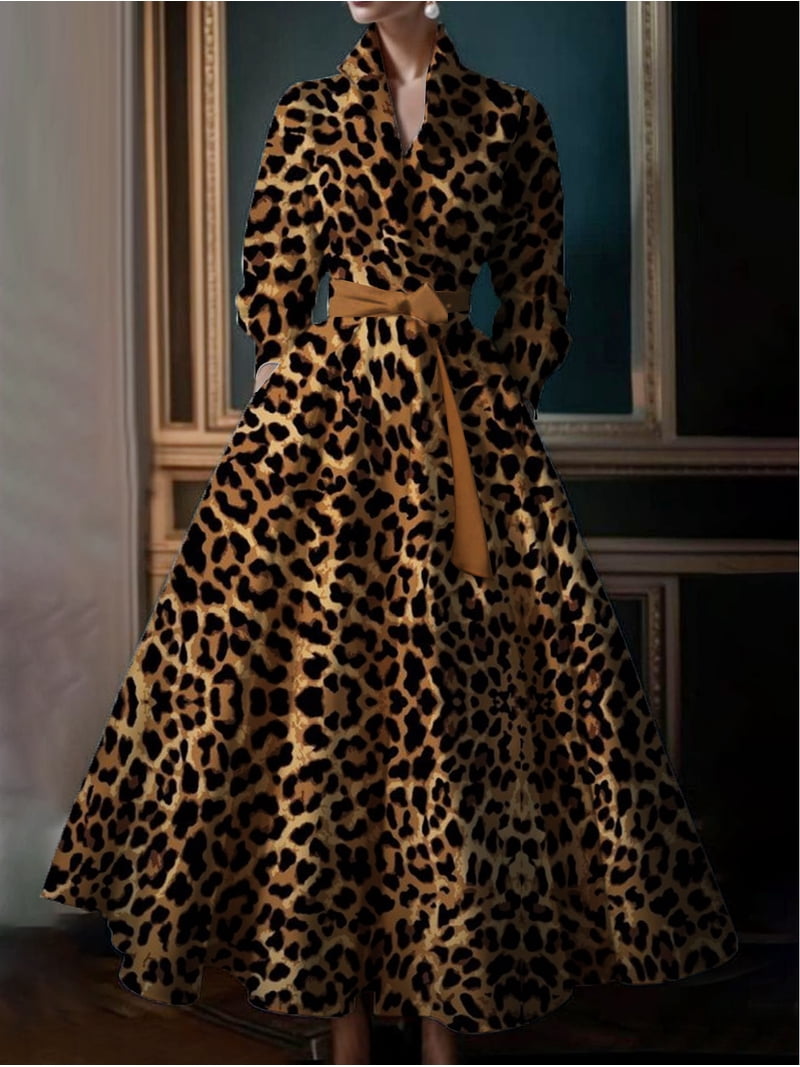 Women's Khaki and Grey Leopard Print Stand Collar Maxi Dress Long Sleeve A Line Dress with Hidden Side Pockets