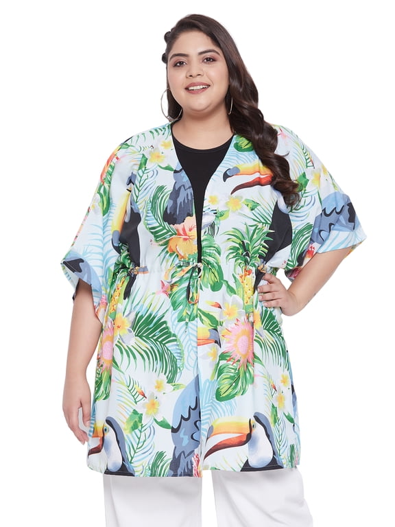 Women's Kimono Beach Cover-up Floral Print Drawstring Open Front Loose Cover-Up Summer