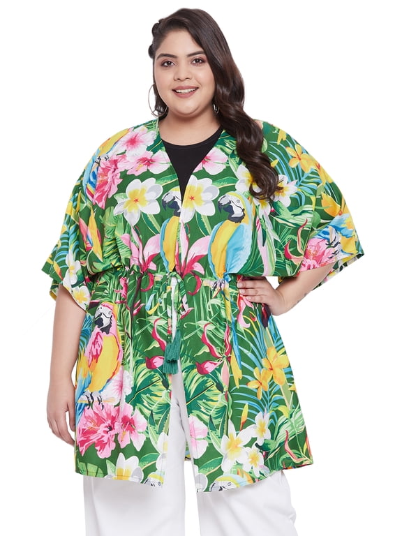 Women's Kimono Beach Cover-up Floral Print Drawstring Open Front Loose Cover-Up Summer