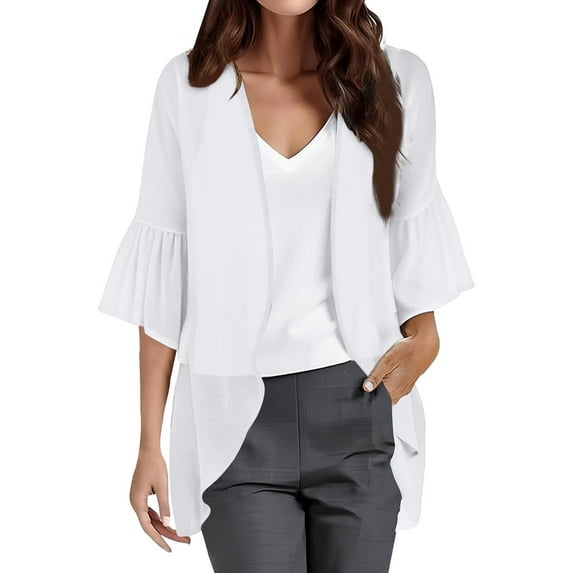 Women's Kimono Cardigan 3/4 Sleeve Chiffon Lightweight Open Front Beach Cover-Up | Baberdicy | Women Chiffon Kimono Cardigan 3/4 Sleeve Chiffon Open Front (White | XL)