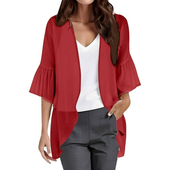 Women's Kimono Cardigan 3/4 Sleeve Chiffon Lightweight Open Front Beach Cover-Up | Baberdicy | Women Chiffon Kimono Cardigan 3/4 Sleeve Chiffon Open Front (Red | S)