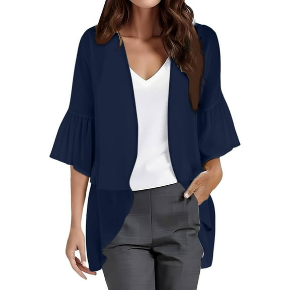 Women's Kimono Cardigan 3/4 Sleeve Chiffon Lightweight Open Front Beach Cover-Up | Baberdicy | Women Chiffon Kimono Cardigan 3/4 Sleeve Chiffon Open Front (Dark blue | S)