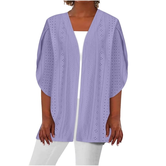 Women's Kimono Cardigan 3/4 Sleeve - Eyelet Beach Cover up Vacation Top | Baberdicy | Womens Kimono Cardigans Eyelet Bathing Suit Cover up Solid Beach (Purple | XL)