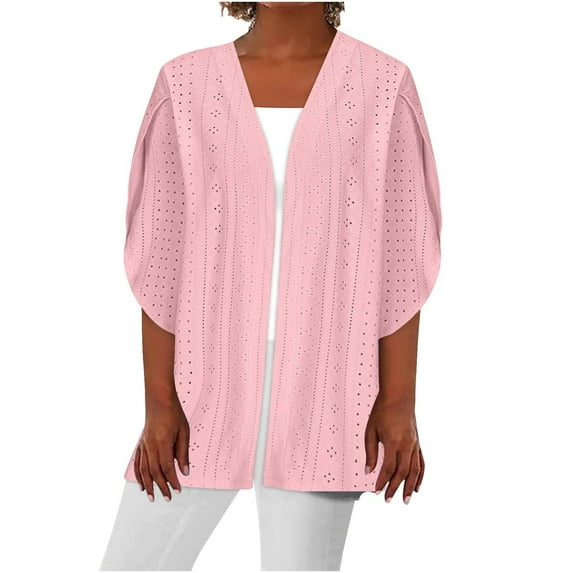 Women's Kimono Cardigan 3/4 Sleeve - Eyelet Beach Cover up Vacation Top | Baberdicy | Womens Kimono Cardigans Eyelet Bathing Suit Cover up Solid Beach (Red 2 | L)