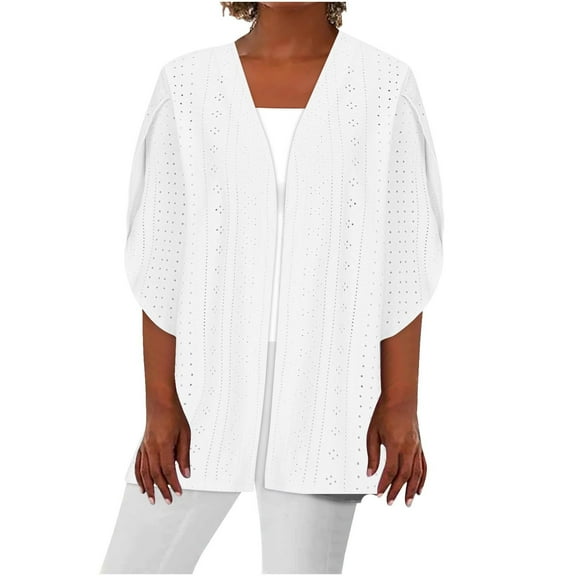Women's Kimono Cardigan 3/4 Sleeve - Eyelet Beach Cover up Vacation Top | Baberdicy | Womens Kimono Cardigans Eyelet Bathing Suit Cover up Solid Beach (White | XXL)