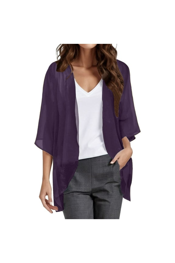 Women's Kimono Cardigan - 3/4 Sleeve, Open Front, Puff Sleeve, Sheer Chiffon Loose Cover-Up Blouse,Size 3XL