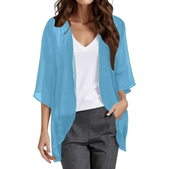 Women's Kimono Cardigan - 3/4 Sleeve, Open Front, Puff Sleeve, Sheer Chiffon Loose Cover-Up Blouse,Size 5XL