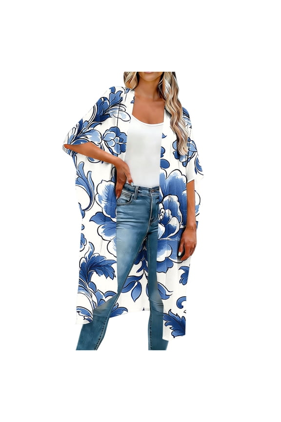 Women's Kimono Cardigan Bohemian Floral Print Beach Cover-Up 3/4 Sleeve Chiffon Bikini Sarong Shawl Tops White 05 S