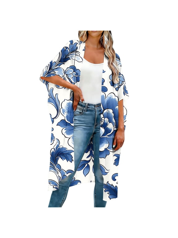 Women's Kimono Cardigan Bohemian Floral Print Beach Cover-Up 3/4 Sleeve Chiffon Bikini Sarong Shawl Tops White 05 XXXXXL