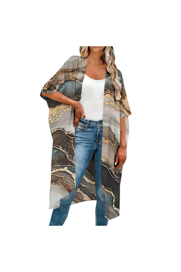 Women's Kimono Cardigan Bohemian Floral Print Beach Cover-Up 3/4 Sleeve Chiffon Bikini Sarong Shawl Tops White 06 XL