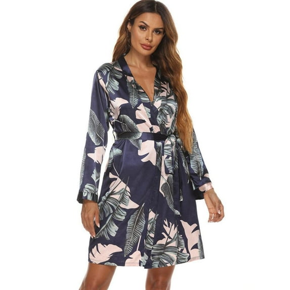 Women's Kimono Robe Above Knee Robes Floral Print Sleepdres Nightgown Long Sleeve Bathrobe Soft Sleepwear Ladies Loungewear