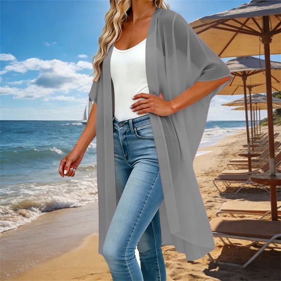 Women's Kimono Swimsuit Coverups Lightweight Summer Casual Open Front Cardigans(Grey,L)