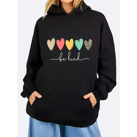 Women's Be Kind Graphic Hoodie with Colorful Hearts - Soft Stretchy Sweatshirt, Kangaroo Pocket & Loose Fit Casual Pullover for Fall/Winter (Sizes S-3XL)