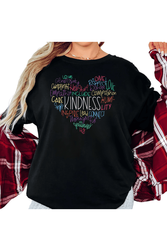 Women's Kindness Heart Shape Word Cloud Aesthetic Graphic Casual T Shirt Short Sleeve Round Neck Top Black S-5XL