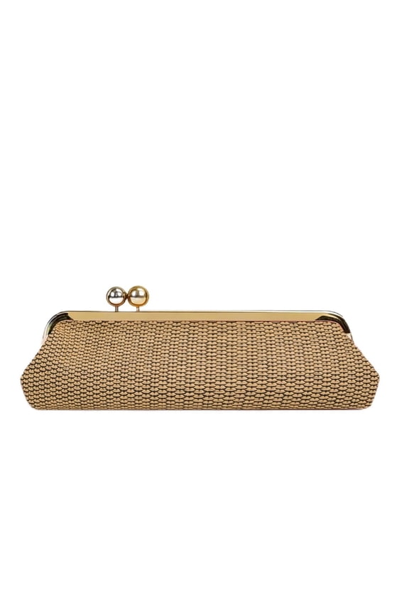 Women's Kisslock Straw Clutch bag, Gold Frame Clasp party Purse , Woven Shoulder Bag for Beach Vacation