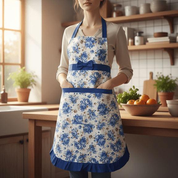 Women's Kitchen Floral Apron with Pockets, Adjustable Bib Apron, Stylish & Functional for Cooking Baking & Home, 28x28 inch Blue
